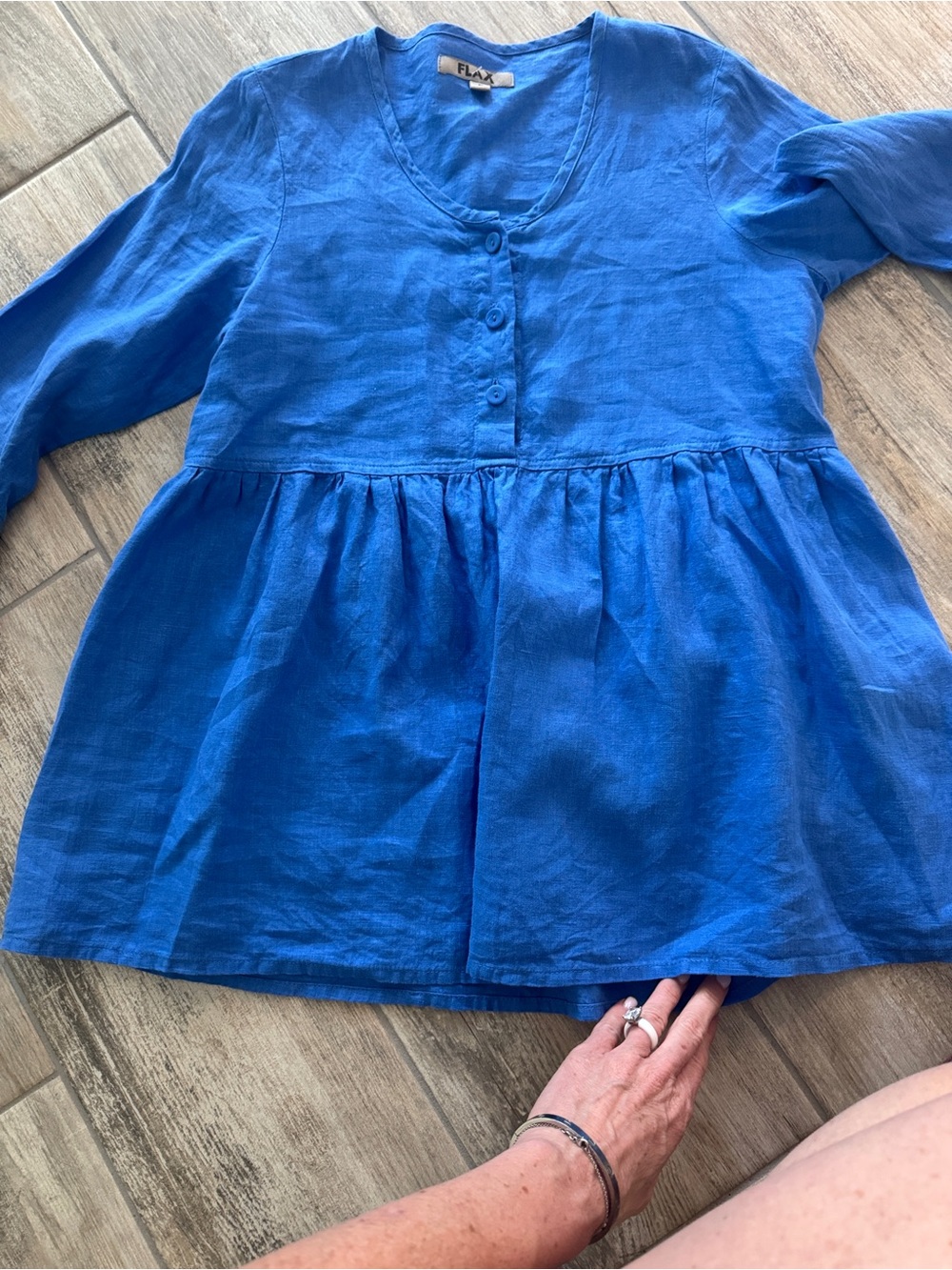 FLAX by Jeanne Engelhart Blue Linen Peplum Button Top P (0-4) - Picture 6 of 8